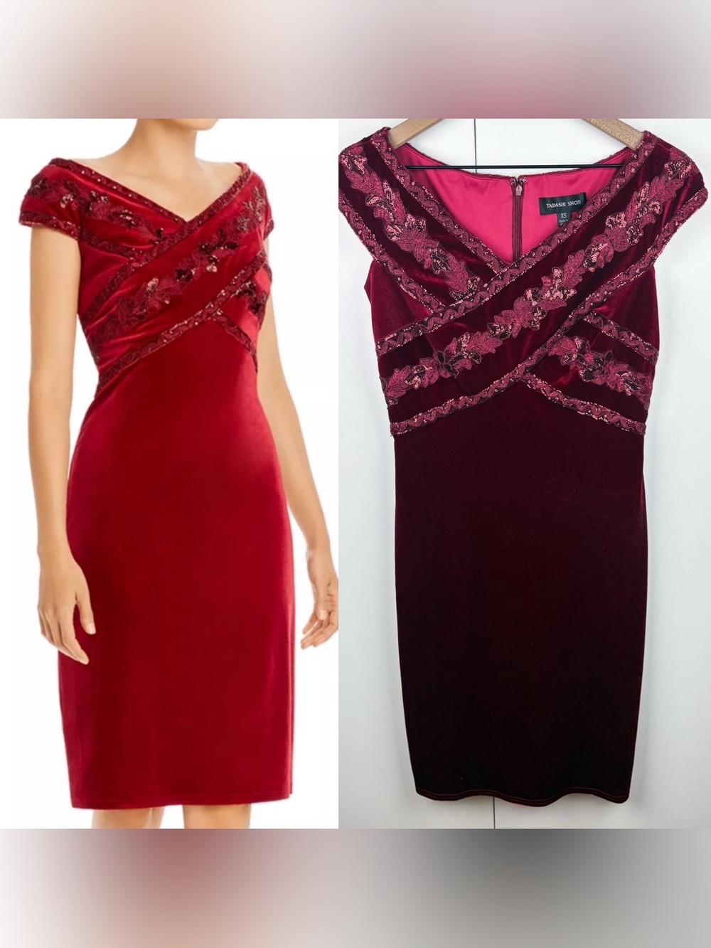 Tadashi Shoji Velvet Sequin Crisscross Dress Maroon Burgundy Red Cocktail Formal
